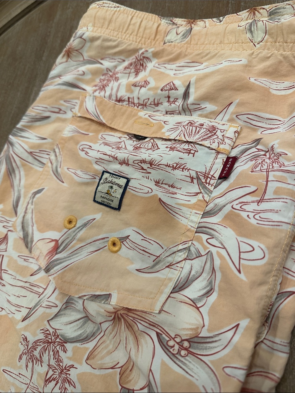 Tommy Bahama Peach Floral Swim Board Shorts with White and Light Red Print